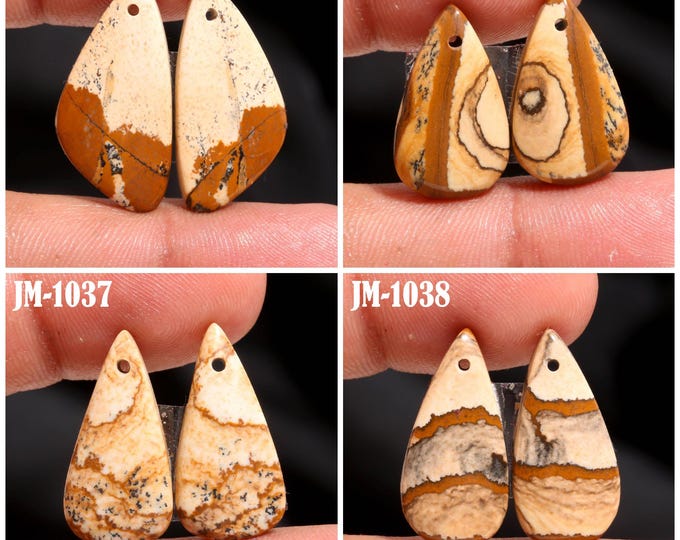 Natural Picture Jasper Fancy Shape Front Drilled Smooth Cabochon Matching Pairs, Semi-Precious Gemstones For Jewelry Making