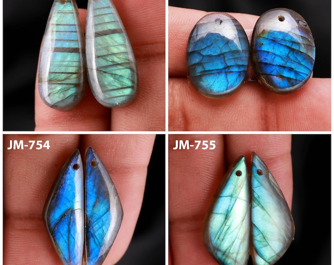 Natural Labradorite Fancy Shape Front Drilled Smooth Cabochon Matching Pairs, Semi-Precious Gemstones For Jewelry Making