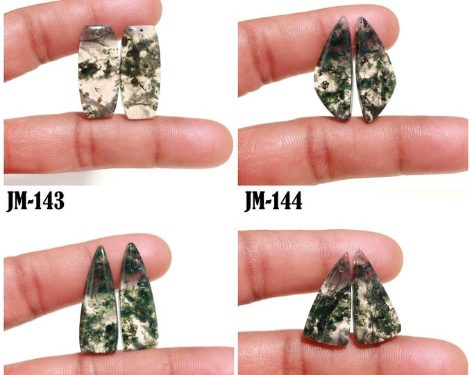 Natural Moss Agate Fancy Shape Front Drilled Smooth Cabochon Matching Pairs, Semi-Precious Gemstones For Jewelry Making