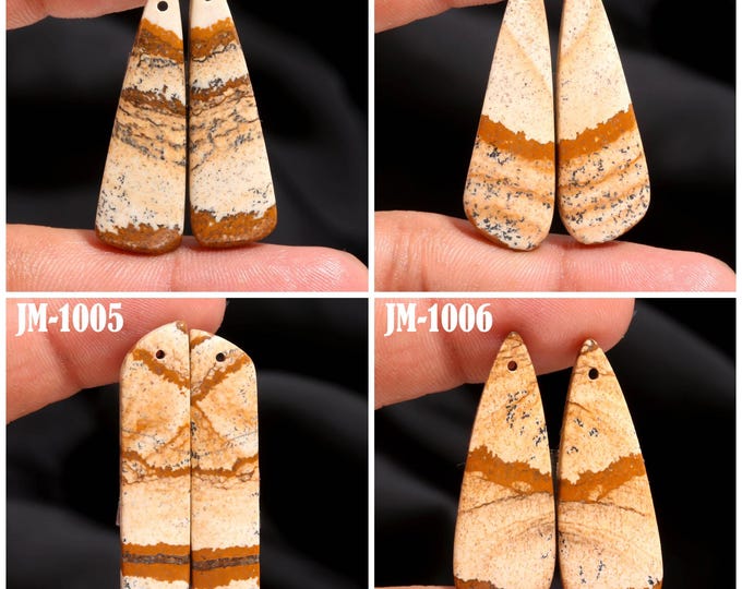 Natural Picture Jasper Fancy Shape Front Drilled Smooth Cabochon Matching Pairs, Semi-Precious Gemstones For Jewelry Making