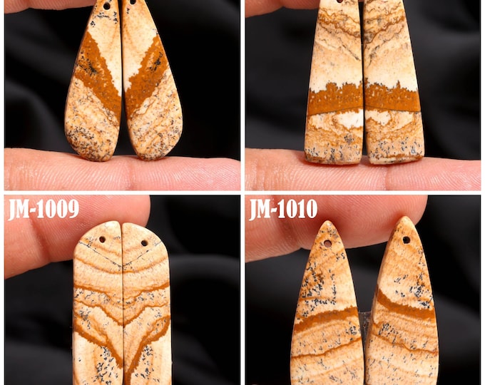 Natural Picture Jasper Fancy Shape Front Drilled Smooth Cabochon Matching Pairs, Semi-Precious Gemstones For Jewelry Making