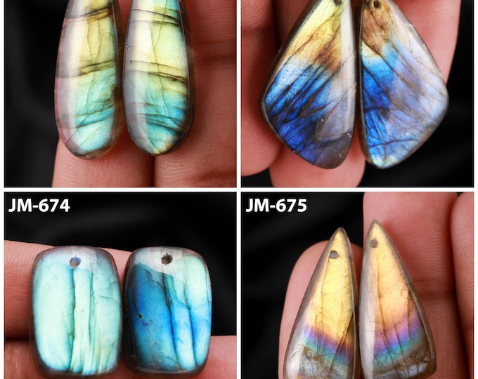 Natural Labradorite Fancy Shape Front Drilled Smooth Cabochon Matching Pairs, Semi-Precious Gemstones For Jewelry Making