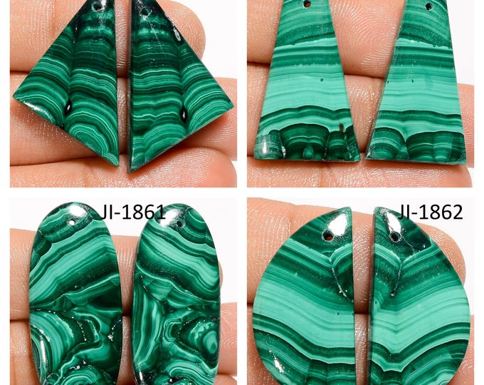 Natural Malachite Fancy Shape Front Drilled Smooth Cabochon Matching Pairs, Semi-Precious Gemstones For Jewelry Making