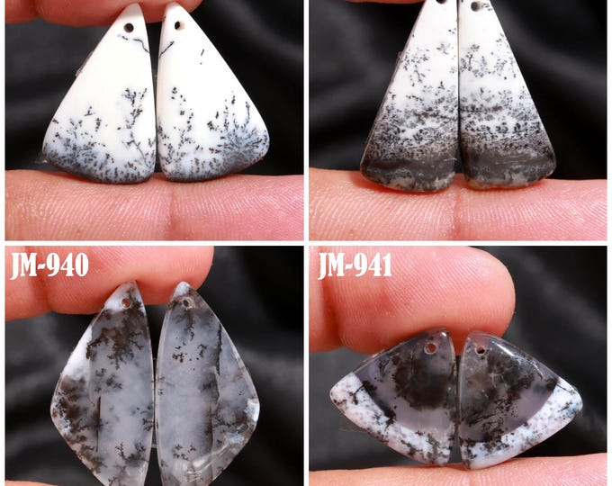 Natural Dendrite Agate Fancy Shape Front Drilled Smooth Cabochon Matching Pairs, Semi-Precious Gemstones For Jewelry Making