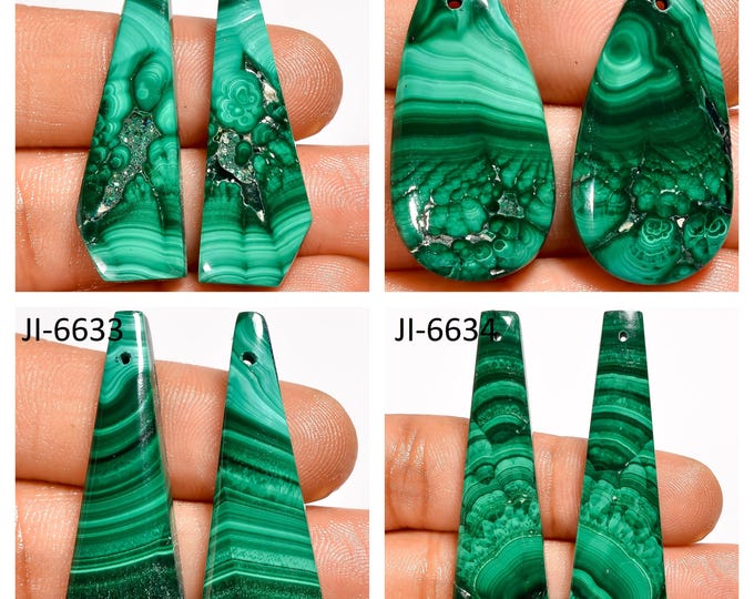 Natural Malachite Fancy Shape Front Drilled Smooth Cabochon Matching Pairs, Semi-Precious Gemstones For Jewelry Making
