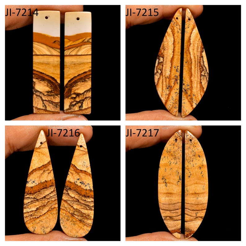 May include: Four pairs of polished landscape jasper pendants featuring natural tan, brown, and cream banded patterns. Each piece has a small drilled hole at the top for suspension. The shapes include rectangular, marquise, and teardrop silhouettes.