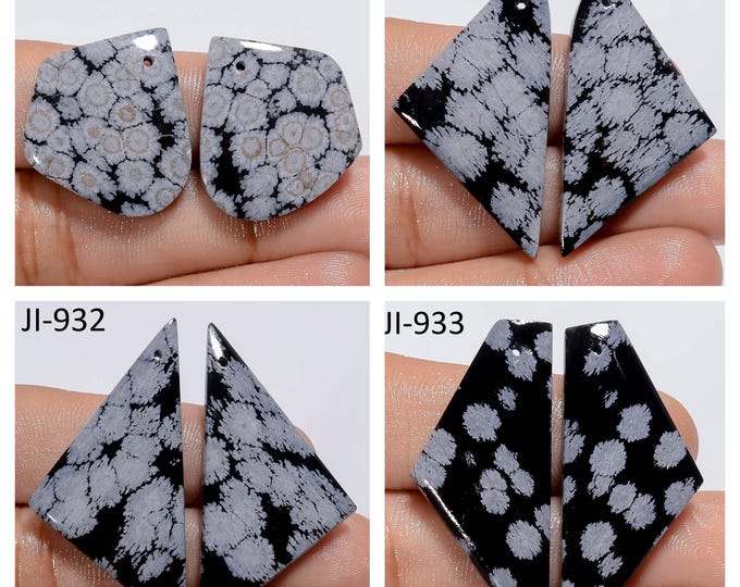 Natural Snowflake Obsidian Fancy Shape Front Drilled Smooth Cabochon Matching Pairs, Semi-Precious Gemstones For Jewelry Making