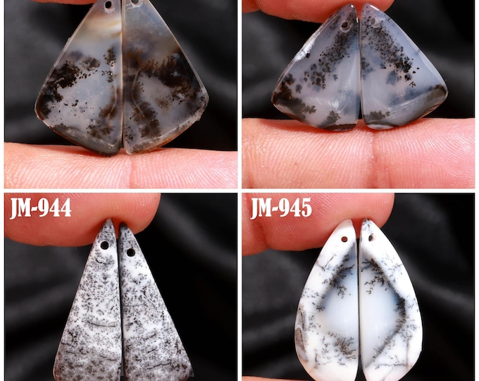 Natural Dendrite Agate Fancy Shape Front Drilled Smooth Cabochon Matching Pairs, Semi-Precious Gemstones For Jewelry Making