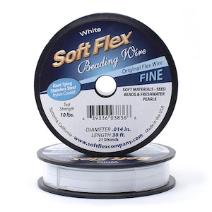 May include: Two spools of white Soft Flex beading wire. The top spool is labeled "White" and "Fine," with details about its knot tying, stainless steel, and nylon coating. The diameter is .36 mm and the length is 9.14 m.