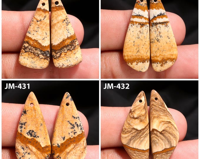 Natural Picture Jasper Fancy Shape Front Drilled Smooth Cabochon Matching Pairs, Semi-Precious Gemstones For Jewelry Making