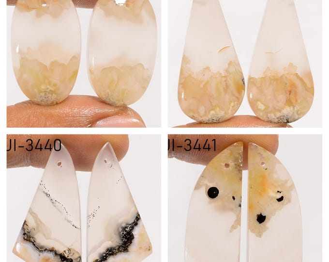 Natural Plume Agate Fancy Shape Front Drilled Smooth Cabochon Matching Pairs, Semi-Precious Gemstones For Jewelry Making