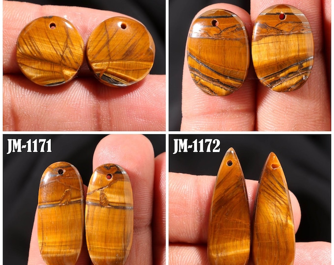 Natural Tigers Eye Fancy Shape Front Drilled Smooth Cabochon Matching Pairs, Semi-Precious Gemstones For Jewelry Making
