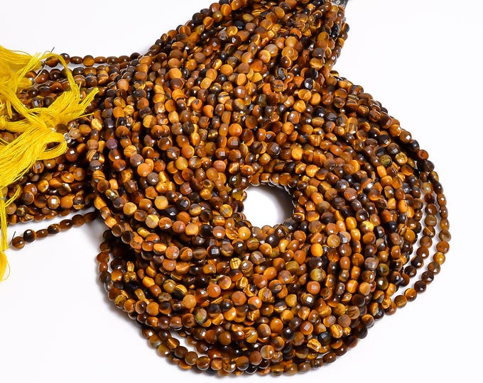 Natural Tigers Eye Faceted Center Drilled Coin Shape 4mm, Semi-Precious Gemstones For Jewelry Making