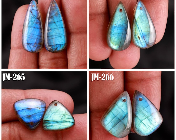 Natural Labradorite Fancy Shape Front Drilled Smooth Cabochon Matching Pairs, Semi-Precious Gemstones For Jewelry Making