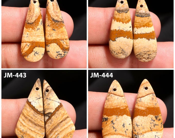 Natural Picture Jasper Fancy Shape Front Drilled Smooth Cabochon Matching Pairs, Semi-Precious Gemstones For Jewelry Making