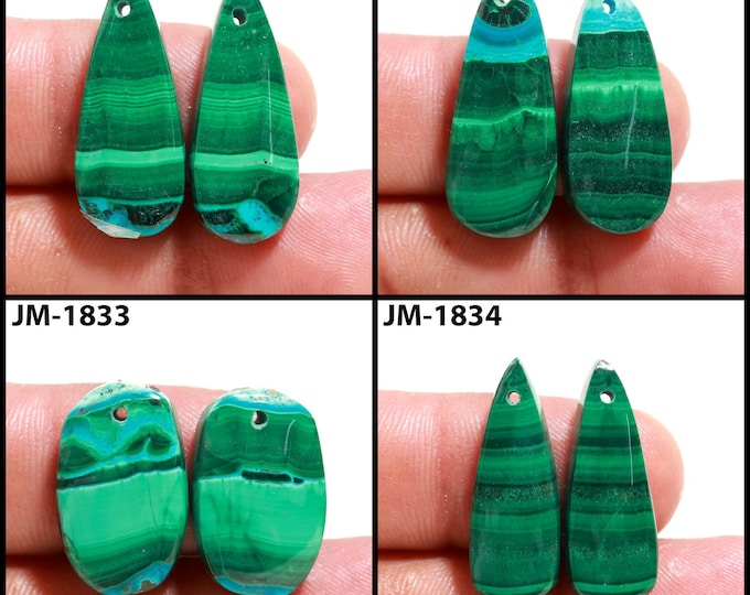 Natural Malachite Fancy Shape Front Drilled Smooth Cabochon Matching Pairs, Semi-Precious Gemstones For Jewelry Making