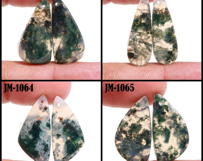 Natural Moss Agate Fancy Shape Front Drilled Smooth Cabochon Matching Pairs, Semi-Precious Gemstones For Jewelry Making