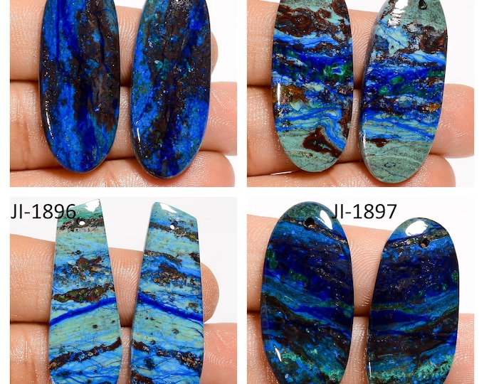 Natural Azurite Fancy Shape Front Drilled Smooth Cabochon Matching Pairs, Semi-Precious Gemstones For Jewelry Making