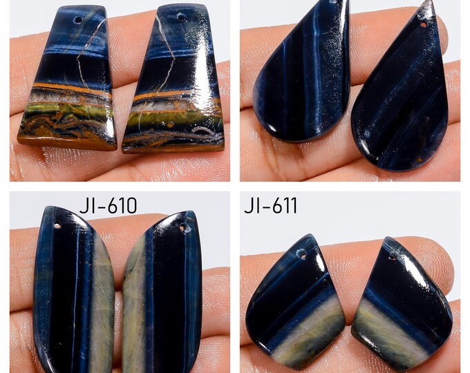 Natural Tigers Eye Fancy Shape Front Drilled Smooth Cabochon Matching Pairs, Semi-Precious Gemstones For Jewelry Making