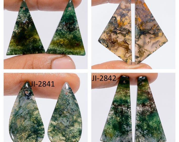 Natural Moss Agate Fancy Shape Front Drilled Smooth Cabochon Matching Pairs, Semi-Precious Gemstones For Jewelry Making