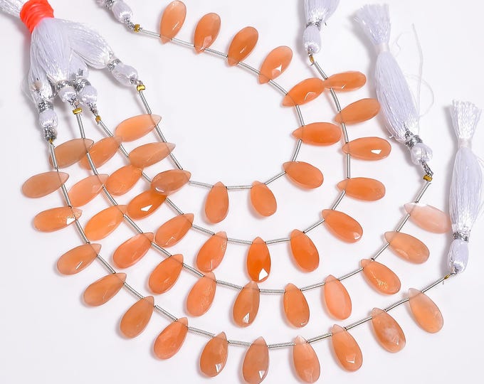 Peach Moonstone Faceted Side Drilled Pear Shape Briolette 7mm x 14mm, Semi-Precious Gemstones For Jewelry Making