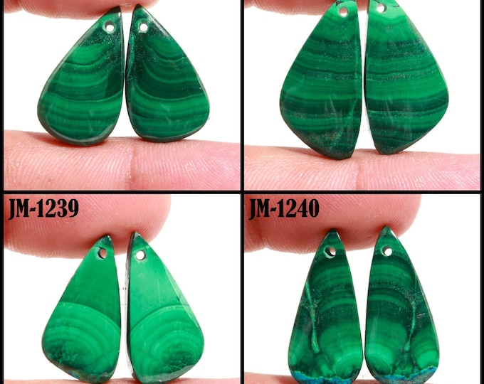 Natural Malachite Fancy Shape Front Drilled Smooth Cabochon Matching Pairs, Semi-Precious Gemstones For Jewelry Making