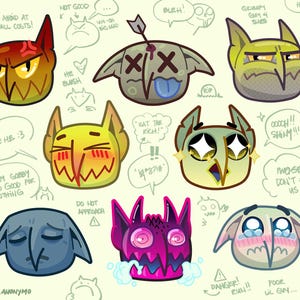 May include: A collection of 10 cartoon character faces with different expressions. The characters are all green, yellow, red, blue, or purple. The characters have different facial expressions, including angry, sad, happy, and surprised. The characters are all drawn in a cartoon style.