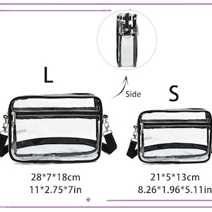 May include: Two clear crossbody bags with black trim and straps are displayed. The larger bag measures 28cm x 7cm x 18cm, and the smaller bag is 21cm x 5cm x 13cm. A side view of the bag is also shown.