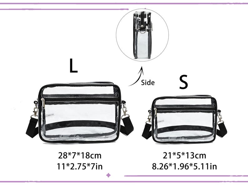 May include: Two clear crossbody bags with black trim and straps are displayed. The larger bag measures 28cm x 7cm x 18cm, and the smaller bag is 21cm x 5cm x 13cm. A side view of the bag is also shown.