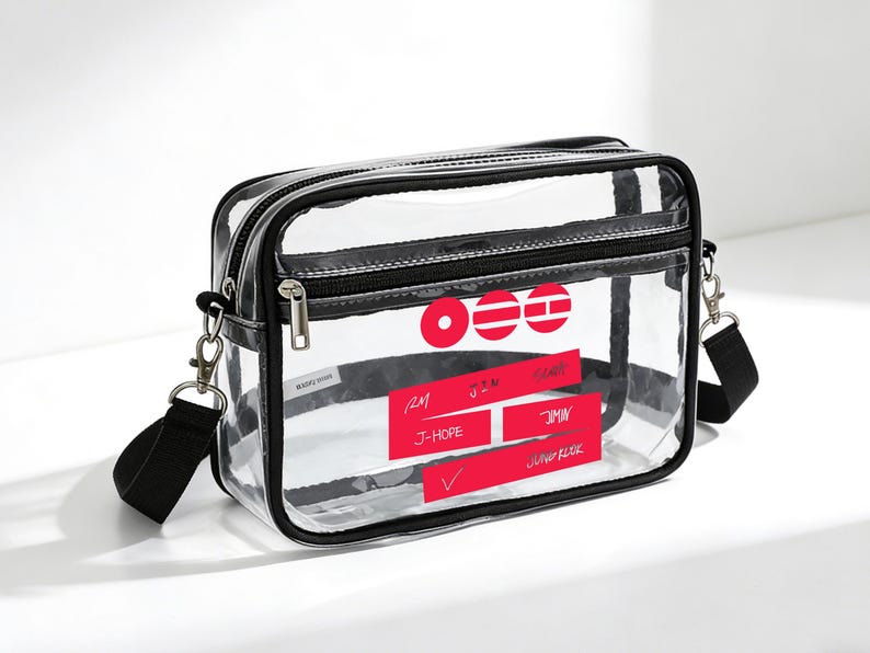 May include: A clear, rectangular crossbody bag with black trim and a black adjustable shoulder strap. The bag features a black zip closure and red rectangular labels with white text. The bag has a silver clasp.