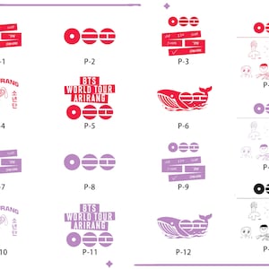 May include: A selection of graphic designs with text and illustrations in red, pink, and purple. The designs include text such as "BTS WORLD TOUR ARIRANG" and "ARMYRANG". Some designs feature a whale illustration and various shapes.