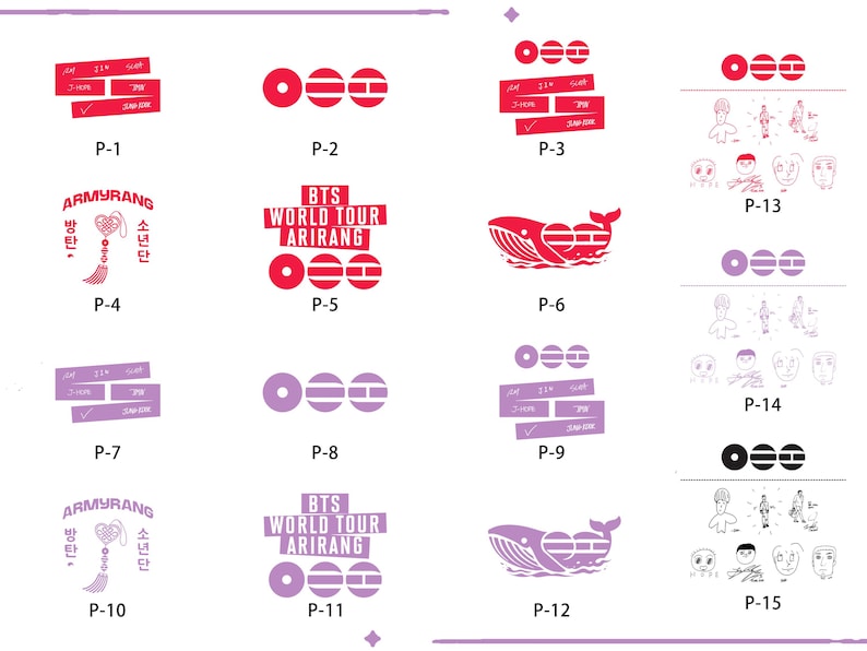 May include: A selection of graphic designs with text and illustrations in red, pink, and purple. The designs include text such as "BTS WORLD TOUR ARIRANG" and "ARMYRANG". Some designs feature a whale illustration and various shapes.