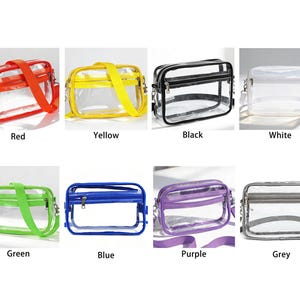 May include: A selection of clear, rectangular crossbody bags with coloured straps and trim. The bags are available in red, yellow, black, white, green, blue, purple, and grey. Each bag has a zip closure and an adjustable shoulder strap.