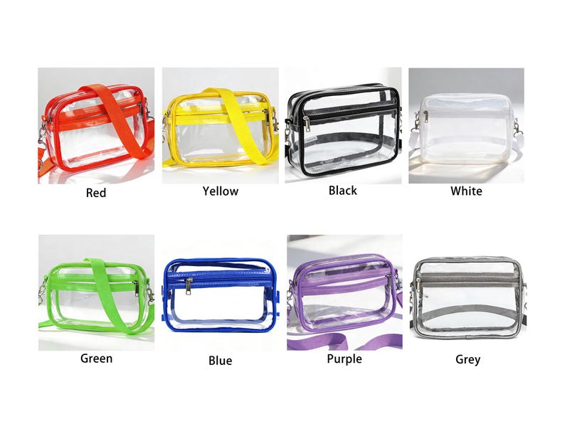 May include: A selection of clear, rectangular crossbody bags with coloured straps and trim. The bags are available in red, yellow, black, white, green, blue, purple, and grey. Each bag has a zip closure and an adjustable shoulder strap.