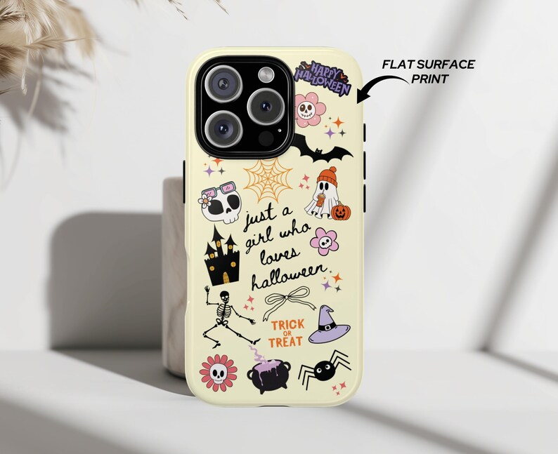 Pastal cute girly Halloween Phone Case Premium Shell Construction Kawaii Style Pattern Ghost Pumpkin Design Witch Hat Detail Multiple Device Compatibility Beautiful Pastel Aesthetic Fall Season Essential Modern Style Perfect Gift