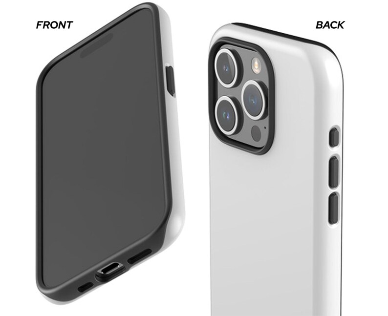 Puede incluir: Una funda de tel&eacute;fono blanca con borde negro, mostrada desde la parte delantera y trasera. La parte delantera muestra una pantalla negra, mientras que la parte trasera presenta una matriz de c&aacute;mara y botones laterales. La funda est&aacute; dise&ntilde;ada para proteger un smartphone.