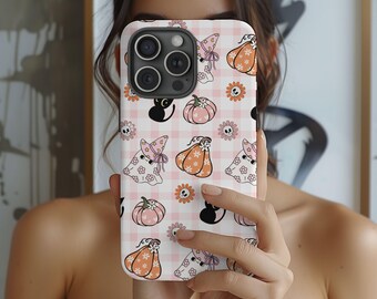 Funda para teléfono de Halloween: Funda para iPhone con diseño de gato a cuadros pastel espeluznante
