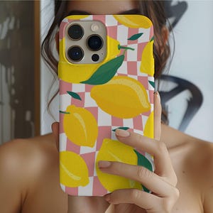 Lemon Phone Case with Trendy retro pink check design, Tough Protective iphone Cover for Iphone 16 15 14 Pro Max Samsung Galaxy S25 S24 S23