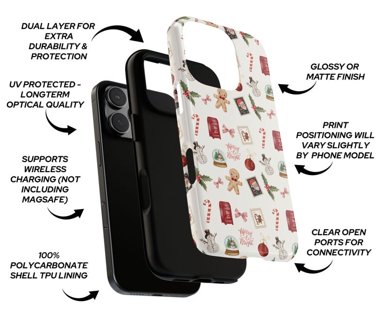 Op de afbeelding: Een gedemonteerde telefoonhoes met een feestelijk kerstpatroon. De hoes heeft een witte achtergrond met rode, groene en bruine illustraties met een vakantiethema. Gemaakt van polycarbonaat en TPU, biedt dubbele bescherming en ondersteunt draadloos opladen.