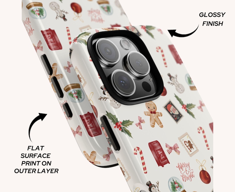 Holiday phone case for iPhone and Samsung models with Christmas-themed design, perfect for iPhone 15 and S25 users