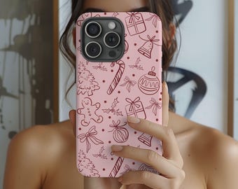 Pink Christmas Doodle telefoonhoesje, leuk vakantie iPhone-hoesje, Samsung S25 S24 Cover, Girly Xmas Gift, feestelijk iPhone 16 17 hoesje