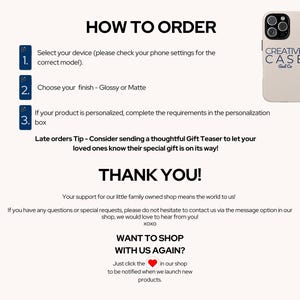 Puede incluir: Funda de tel&eacute;fono de color crema con el texto "CREATIVE CASE And Co" y un recorte para c&aacute;mara de triple lente. La imagen tambi&eacute;n incluye instrucciones sobre c&oacute;mo realizar el pedido, con pasos numerados y un mensaje de agradecimiento.