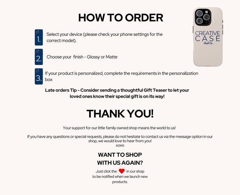 Puede incluir: Funda de tel&eacute;fono de color crema con el texto "CREATIVE CASE And Co" y un recorte para c&aacute;mara de triple lente. La imagen tambi&eacute;n incluye instrucciones sobre c&oacute;mo realizar el pedido, con pasos numerados y un mensaje de agradecimiento.