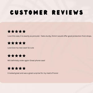 Puede incluir: Gr&aacute;fico que muestra rese&ntilde;as de clientes con calificaciones de cinco estrellas. El texto dice: "Me encanta esta funda, es exactamente como se muestra en la imagen". "&iexcl;Me encanta mi nueva funda! Tan lindo". "&iexcl;Definitivamente volver&eacute; a ordenar!"