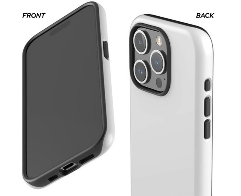 Op de afbeelding: Een witte smartphonehoes met een zwarte rand. De voorkant van de hoes toont het scherm, terwijl de achterkant de cameralenzen en knoppen laat zien. Het woord "FRONT" is links zichtbaar en "BACK" rechts.