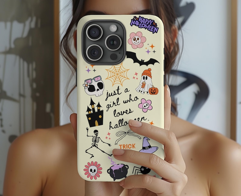 Kawaii Halloween Phone Case Protection Cover Cute Pastel Design Skull Ghost Pattern Witch Hat Pumpkin Style Quality Shell TPU Lining Multiple Phone Models Fall Season Gift Essential Protective Accessory Beautiful Aesthetic