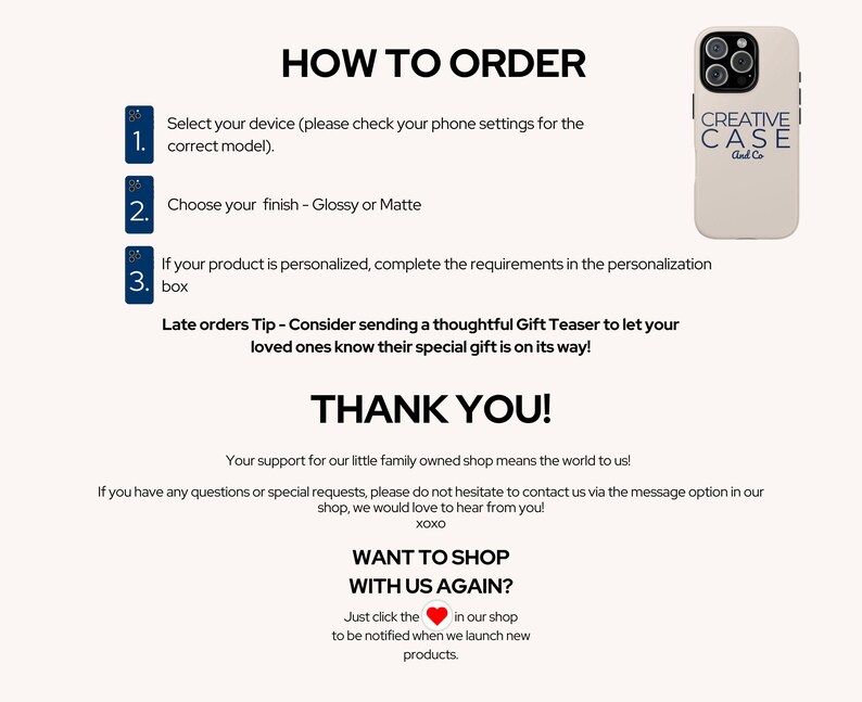 Op de afbeelding: Cr&egrave;mekleurige telefoonhoes met de tekst "CREATIVE CASE And Co." en een telefoonafbeelding. De afbeelding bevat bestelinstructies: selecteer apparaat, kies afwerking en personaliseer.