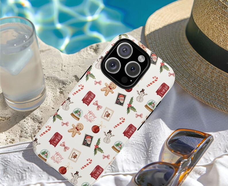 Festive Christmas Phonecase for iPhone 14 and Samsung S24 with ornaments, bows, and seasonal gift graphics