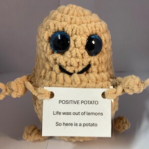 May include: A crocheted potato toy with googly eyes and a smile, holding a sign that says "POSITIVE POTATO Life was out of lemons So here is a potato"