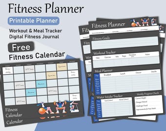 May include: A printable fitness planner with a black and white design. The planner includes a calendar, workout tracker, meal planner, and water intake tracker. The planner also includes a weekly progress check section.